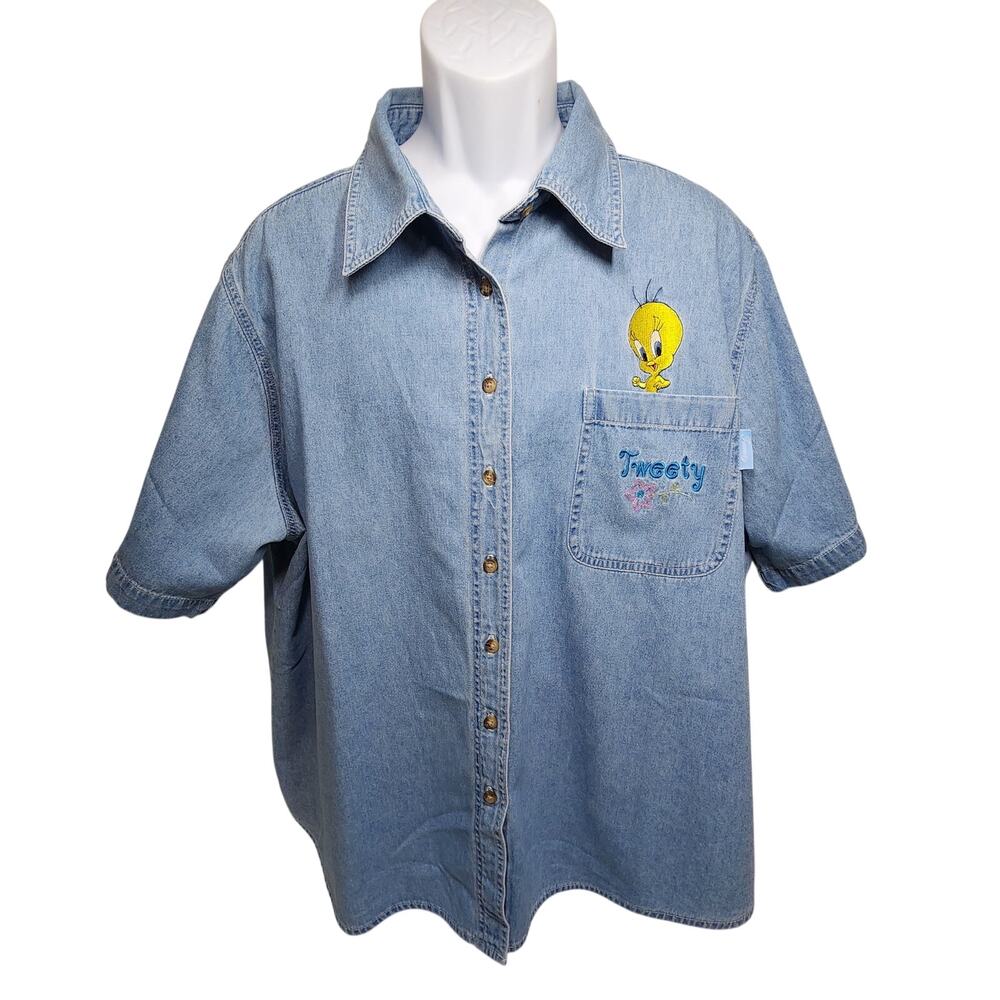 Vintage Tweety Bird Looney Tunes Womens Denim Button-Up Size 22W/24W
